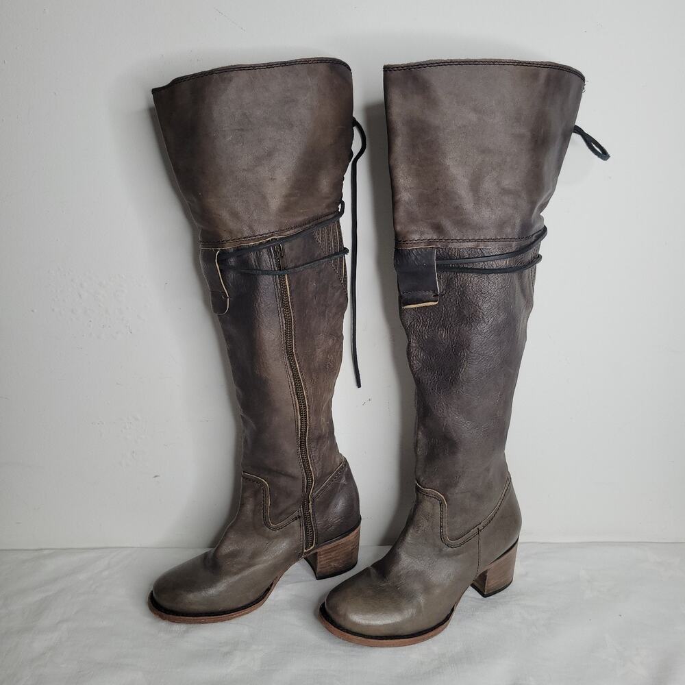 Freebird by Steven Carolina 7 Gray Tall Knee High Boots Lace Up Distressed W7